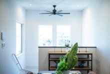 シーリングファンの先の景色に「海」を想像できそうな「吹抜け」